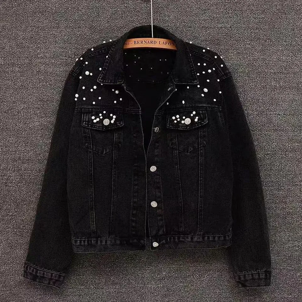 Stylish Women's Embroidered Pearl Denim Jacket