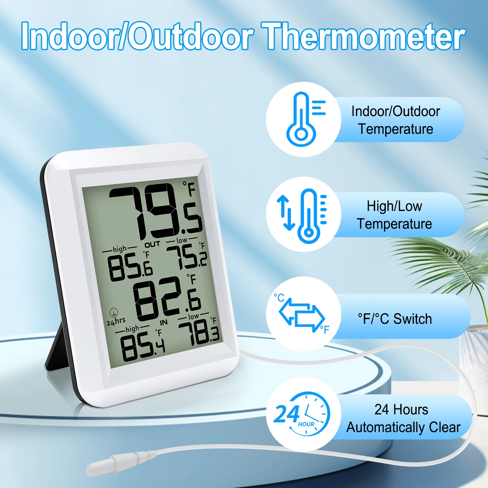 Digital In/Outdoor Thermometer Wired Monitor with Min/Max Record and Probe Sensor for Home Office Greenhouse Aquarium