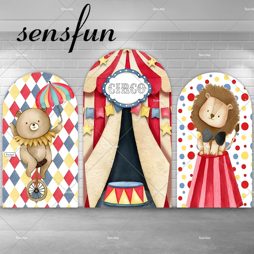 

Circus Theme Birthday Party Arch Backdrop Cover Chiara Wall Party Decoration Lion Bear Kids Carnival Background Doubleside