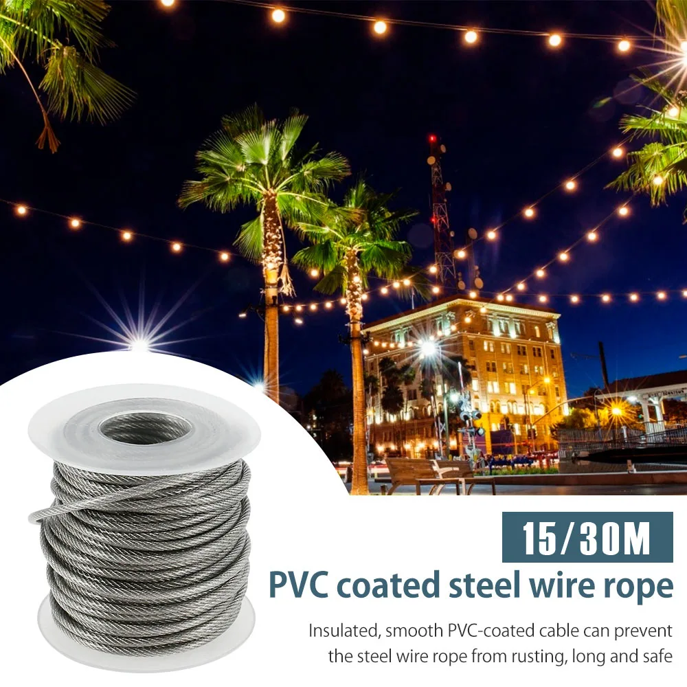 Stainless steel cable rope kits 15M/30M PVC coated rust-proof for garden wire fence tent roll