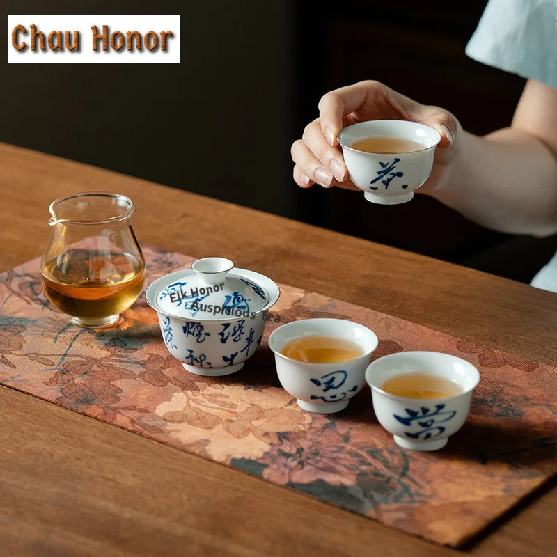 Handwritten Poetic Tracing Silver Ceramic Tea Set Complete Set Luxury Tea Ceremony Set Teapot And Tea Cup Set Tea Items Craft