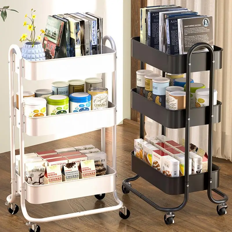 

3 Tier Metal Rolling Cart Rolling Utility Carts With Wheels Rotating Mobile Storage Rack With 4 Wheels For Kitchen Living Room