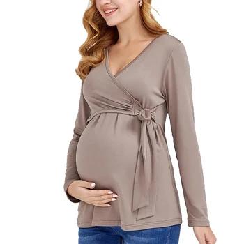 Mama Clothes Maternity Blouses Long Sleeve V-neck Breastfeeding Shirt Tops Pregnancy Clothing Nursing Casual Pregnant Shirts2022 5