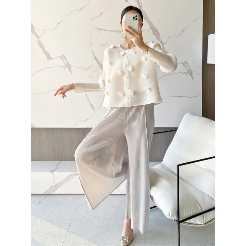 

ALSEY Miyake Pleated Short Coats Women Shell Petal Embroidered Design White Button Cardigan Shirt Tops Clothes 2023 Spring New
