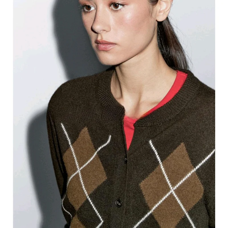 Autumn Women's Knitted round Ne Open Front Sweater Diamond Pattern Retro College Sle Polyester Fiber Long Sve Regular ...