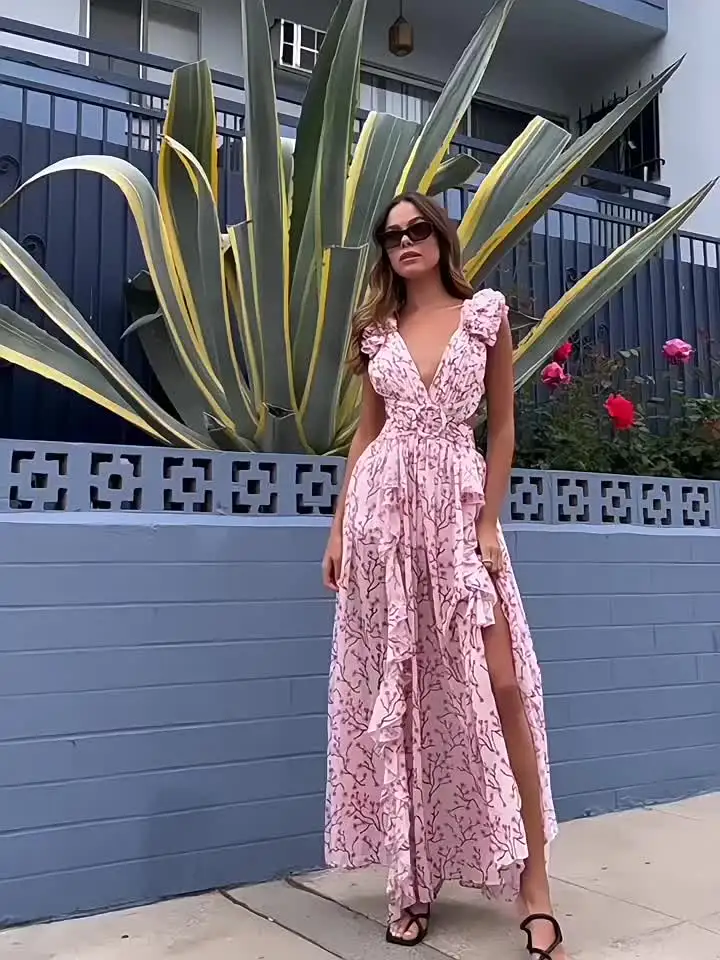 Women's Boho Floral Maxi Dress - Short Sleeve Flowy Wedding Guest Dress &  Summer Casual Dress
