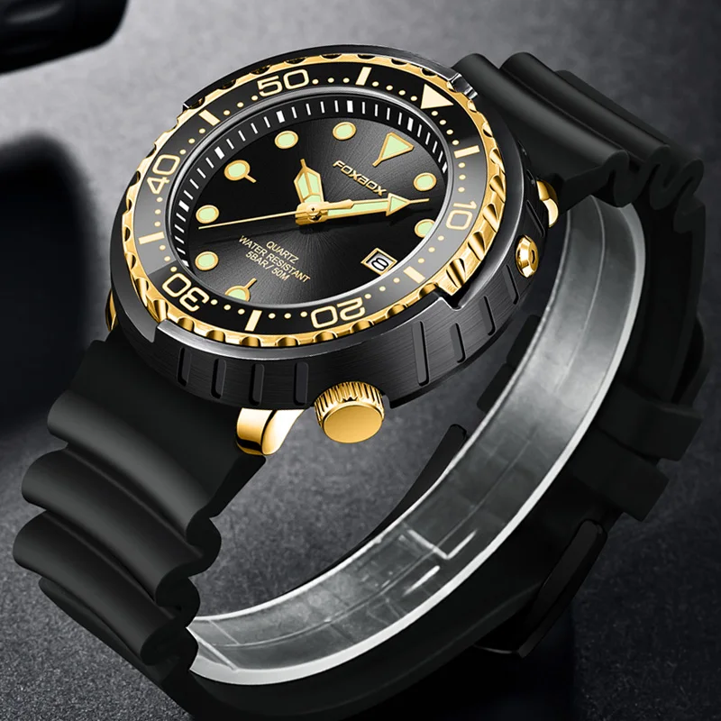 Orologio Uomo Sportivo RUIMAS, Digitale Al Quarzo, Oro Rosa E Silicone Nero, Quadrante Grande 47 Mm, Impermeabile 3 ATM