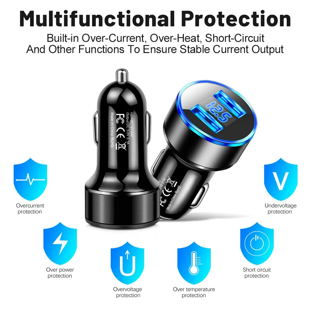 Phone charger Dual USB 12.5V Voltage Display Car Charger Cigarette Lighter Smart Phone USB Adapter Mobile Phone Charger Fast Charging