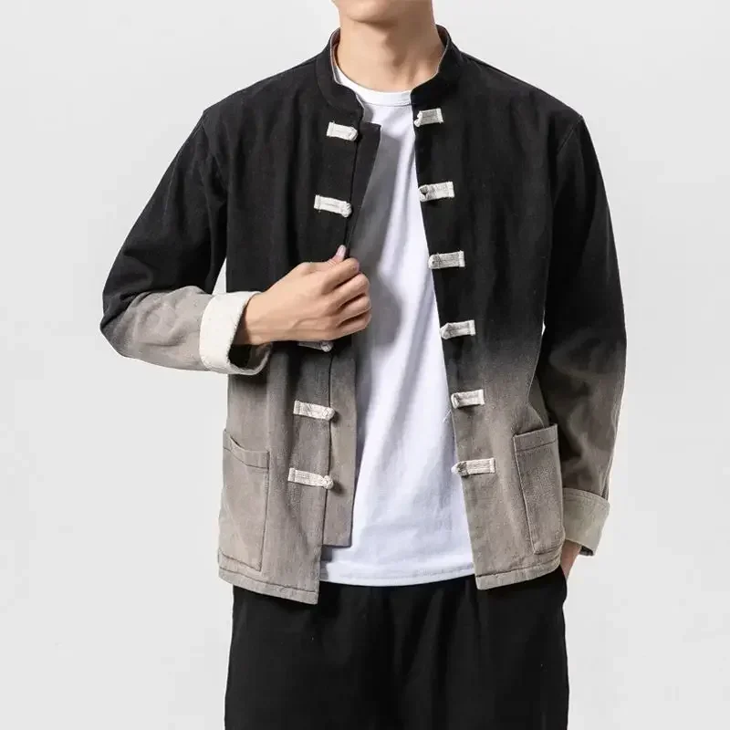 Spring Autumn Retro Stand Collar Plate Buckle Tang Suit Jacket Men Chinese Style Gradient Streetwear Kung Fu Plus Size M-5xl