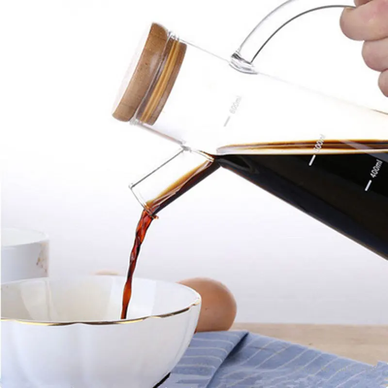 High Borosilicate Heat-Resistant Glass Oil Bottle Measuring Scale Leakproof Bamboo Cover Household vinegar soy sauce, Oil Bottle