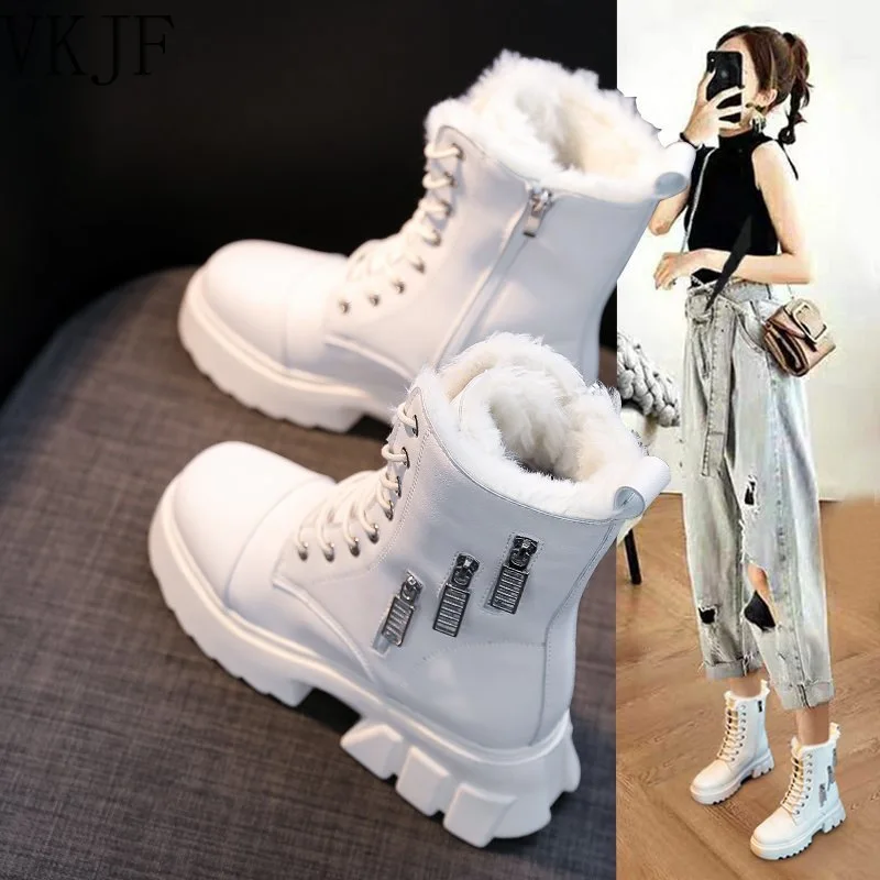 

Autumn Winter Women Mid Calf snow Boots Woman Fashion Lace-up Ladies Chelsea Zipper Platform Heel Ladies High Top Shoes Modern
