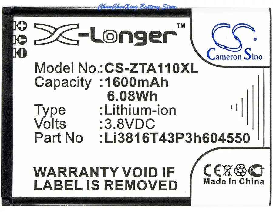 Cameron Sino 1600Mah Batteria Li3816T43P3H604550 Per Zte Blade A110, Blade A112