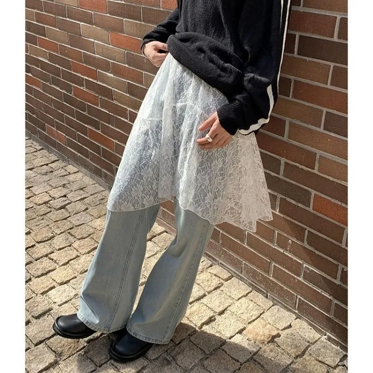 【Sinoon】★ 韓国人気 ★ Lace Layered Skirt Pants ★ 2 COLOR Seoulish High Waist Lace Crochet Printing Women's Party Long