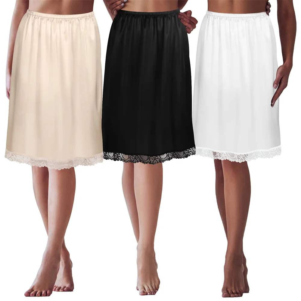 Women's Half Slips Lace Trim Underskirt Solid Color Satin Long Underskirt Elastic High Waist Skirt Comfortable Slips