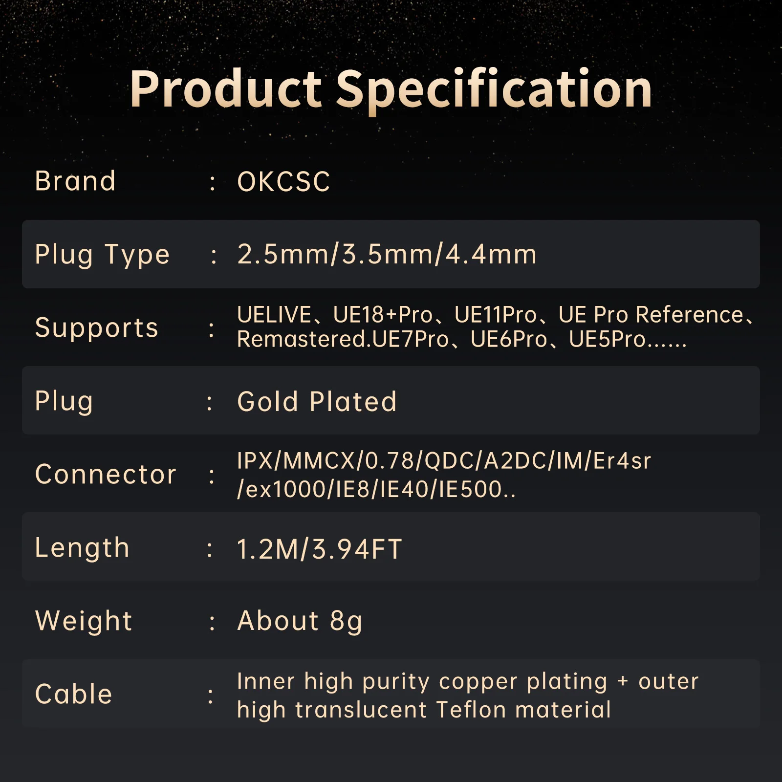 OKCSC Earphone Cable for MMCX A2DC ER4SR EXK1000 IE8 IE40 IE400 IPX T2 QDC 2 PIN TF10 ATH-IM Fitear Weston W40 IE300 3.5mm Plug