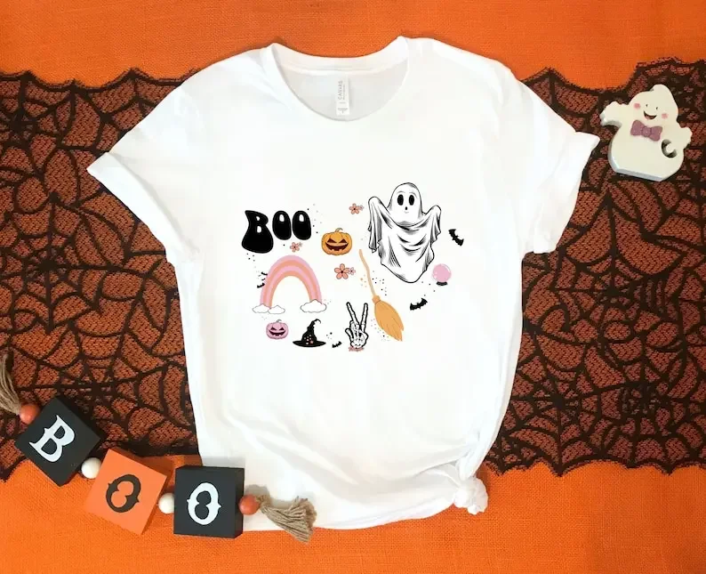 

Short Sleeve Print Clothing Women's T-Shirt Halloween Ghost Shirt Pumpkin Top O Neck Cotton Fashion Streetwear Harajuku Y2k Tee