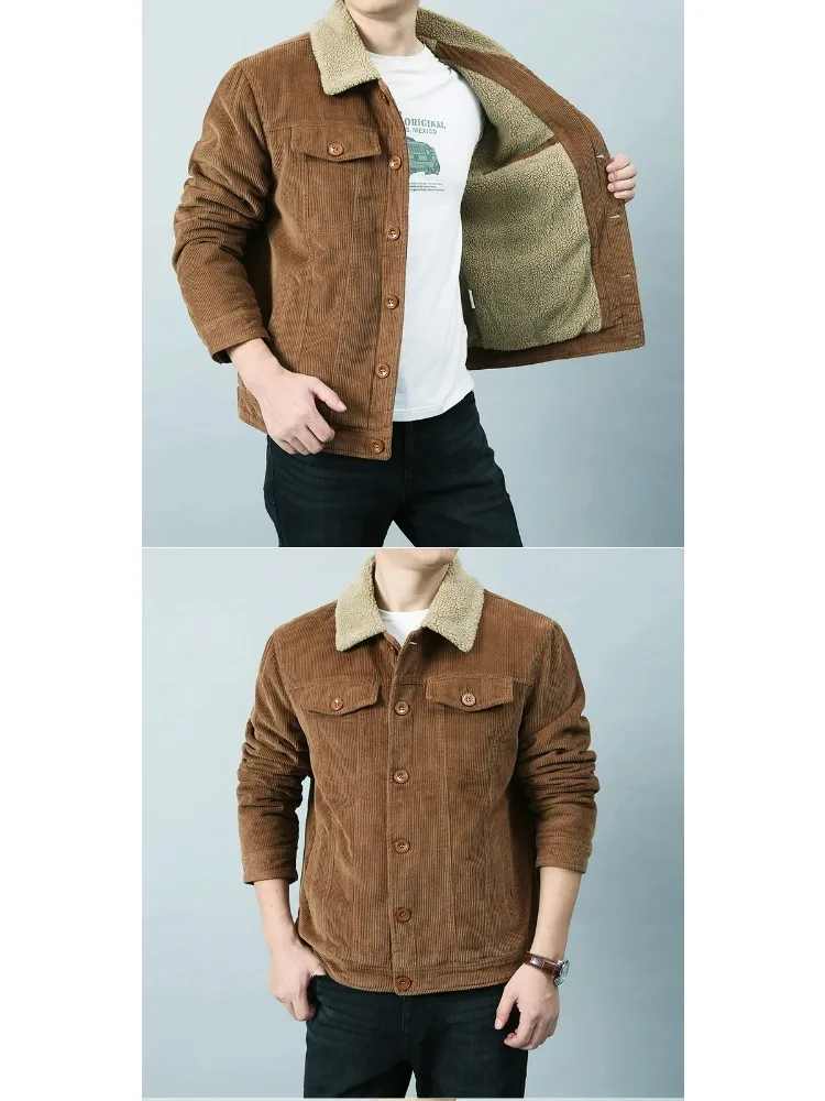 Mens Padded Corduroy Parka Jacket - Warm Windbreaker with Fur Collar