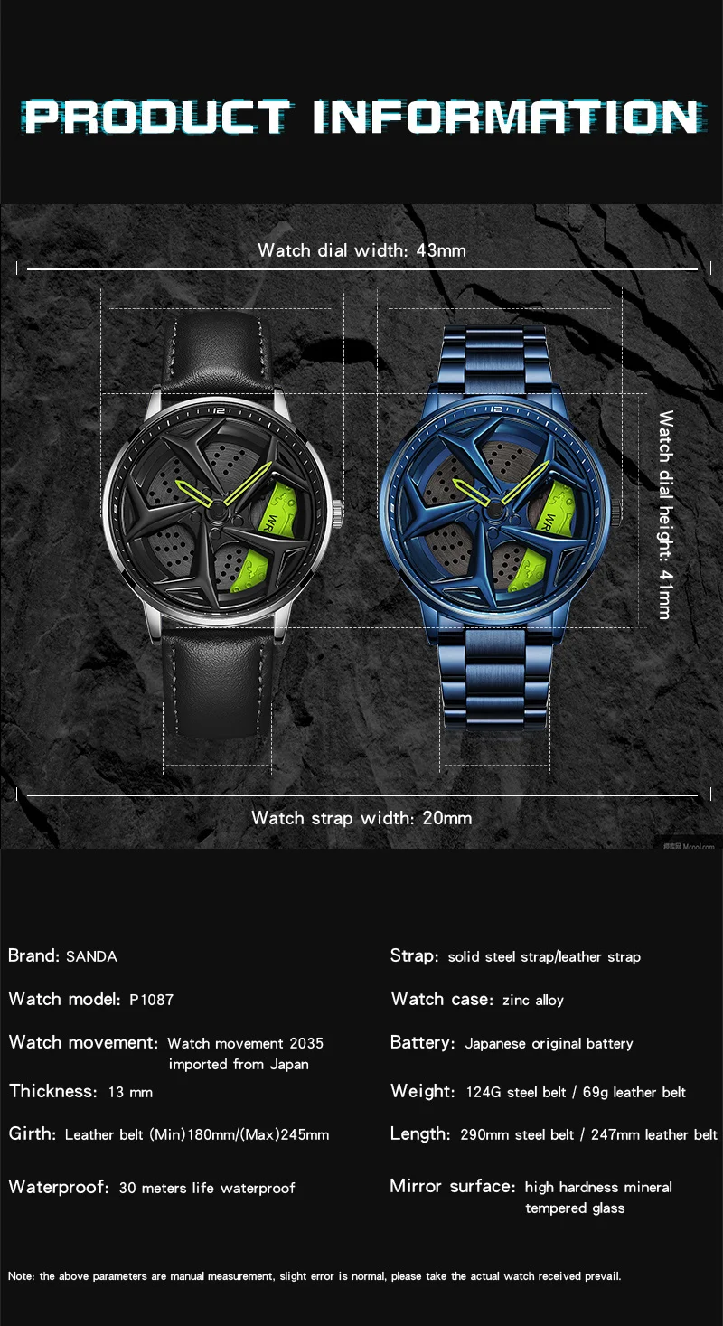 SANDA P1087 Top Brand Sport Car Wheel Rim Hub Watches For GTR Men Super Watch Stainless Steel Waterproof WristWatch Male Reloj