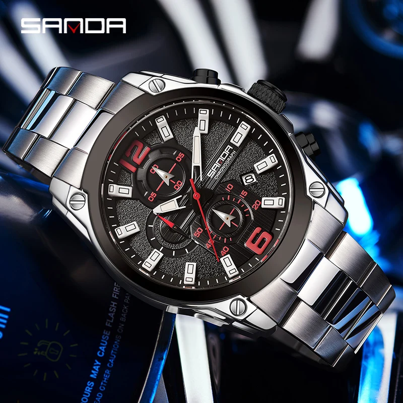 SANDA New Genuine Luxury Men Quartz Watches 2023 Fashionable Multifunctional Three-Eye Six-Needle Dial Waterproof Men Watch 5305