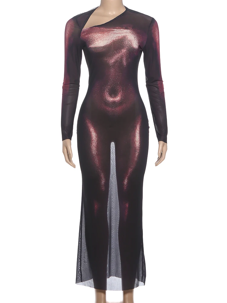 Nibber Art Print See Through Maxi Dress Woman Sexy Irregular Skew Collar Full Sleeve Slim Stretch Hottie Street Fashion Bodycon