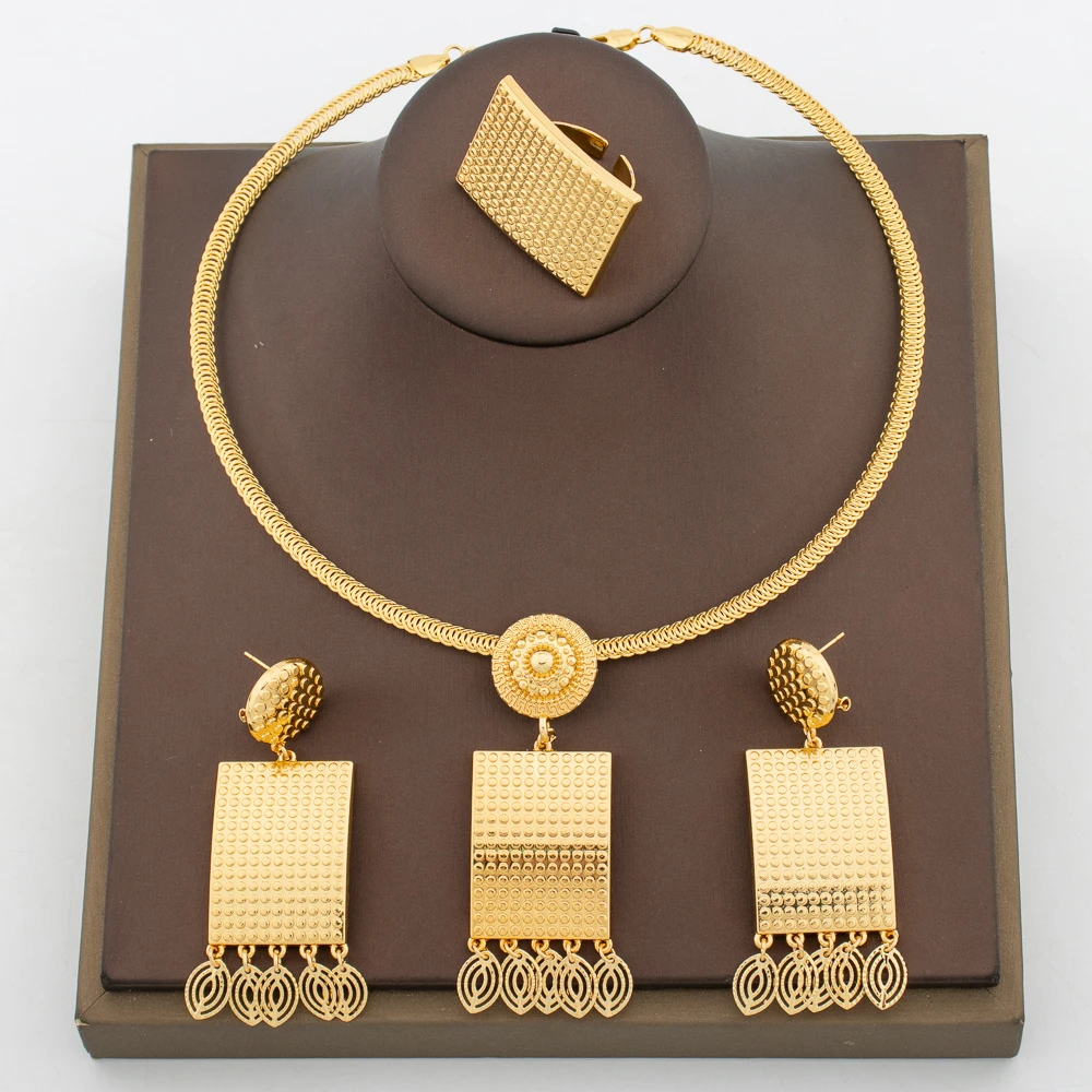 

Fashion Jewelry Set for Women Drop Earrings and Pendant Necklace Set for Bride Earrings Finger Ring Gold Color Jewellery Gifts