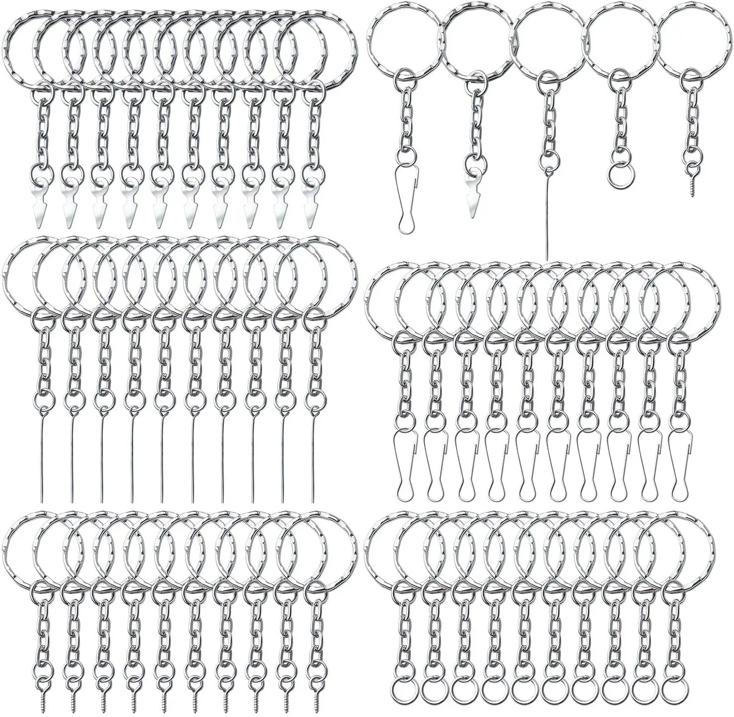 

50pcs Silver Key Chain Rings Kit Flat Metal Split Key Rings with Chain and Jump Rings for DIY Crafts Jewelry Making, 5 Styles