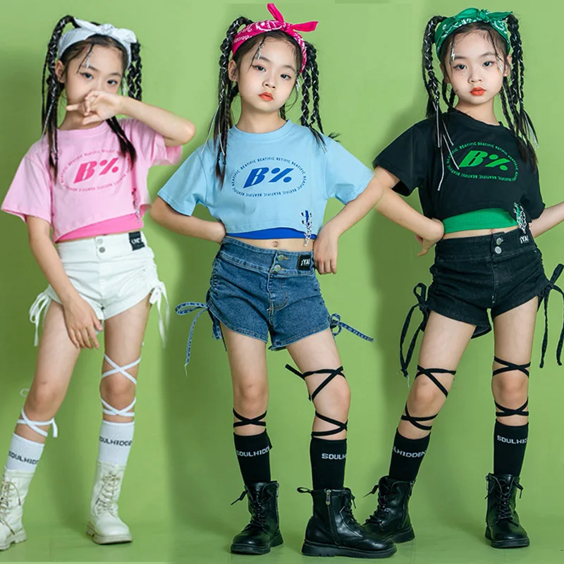 

Kid Hip Hop Clothing T Shirt Crop Top Tank Streetwear Ruched Shorts Checkered Baggy Pants for Girl Jazz Dance Costume Clothes
