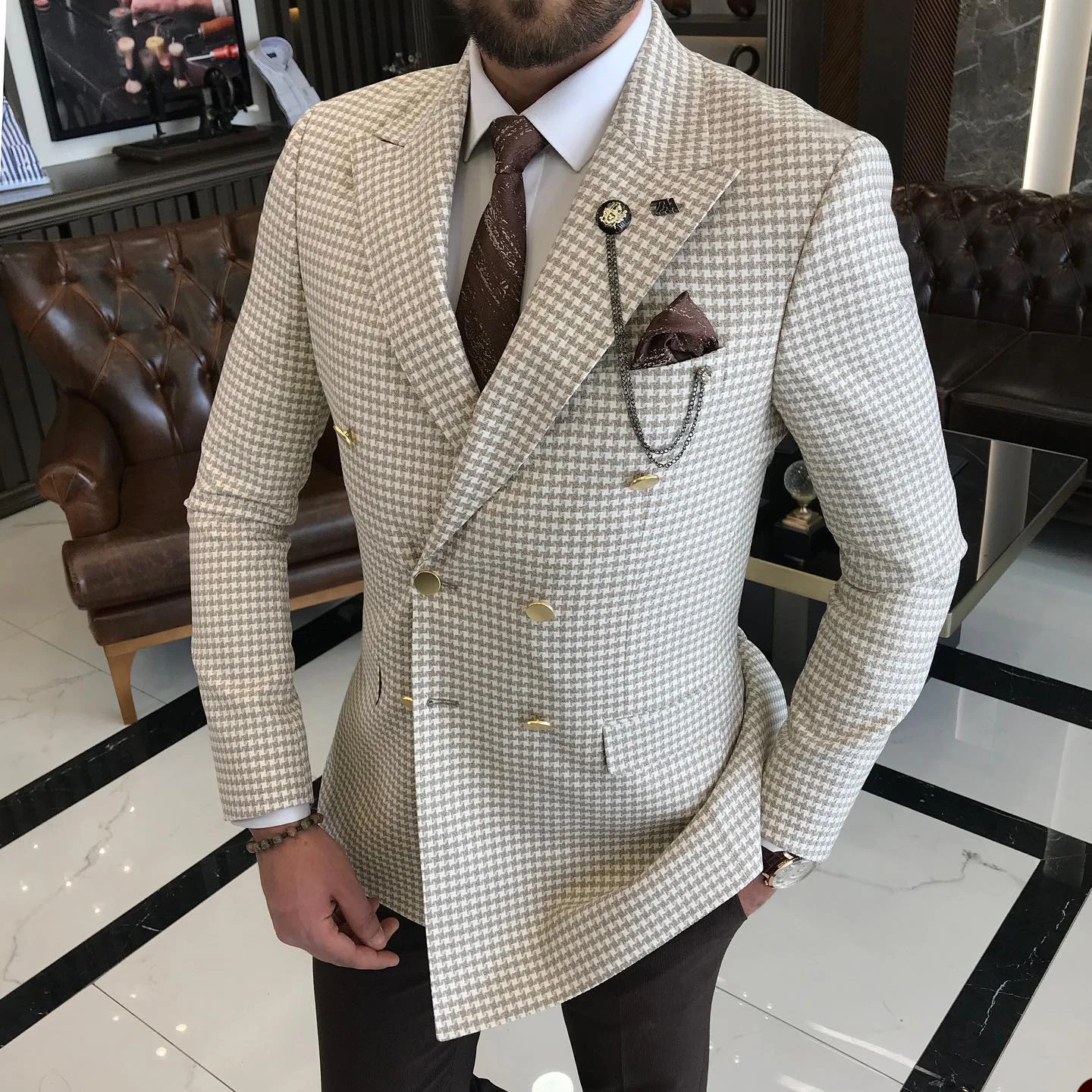 Houndstooth Men Suits Double Breasted Jacket Slim Fit Wedding Groom Wear Business Blazer Formal Tuxedos Only Coat Customize