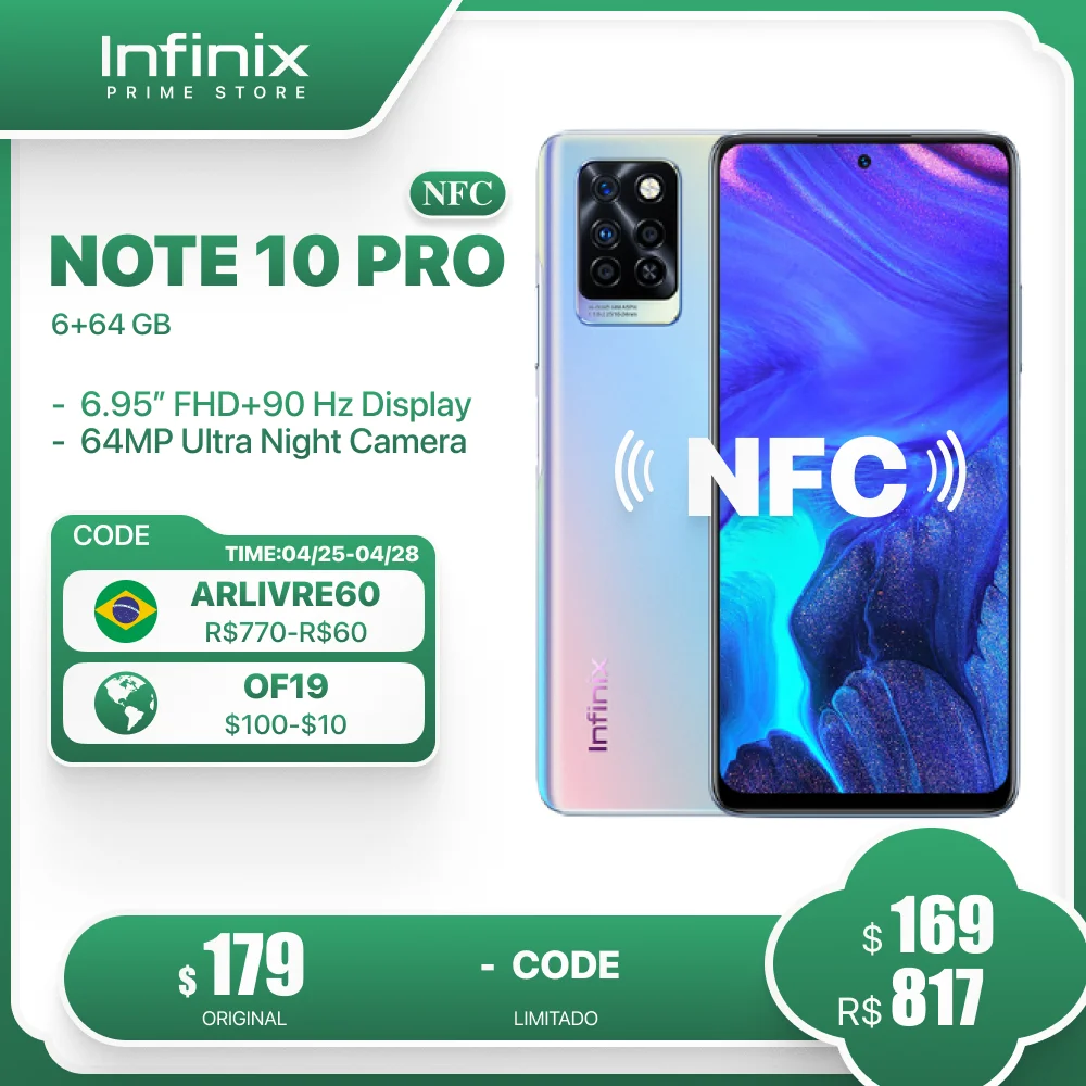 current infinix phones Infinix Note 10 Pro NFC 64GB/128GB Moible Phone 6.95'' 90Hz Display Smartphone 64MP Camera 33W Super Charge 5000 Battery current infinix phones