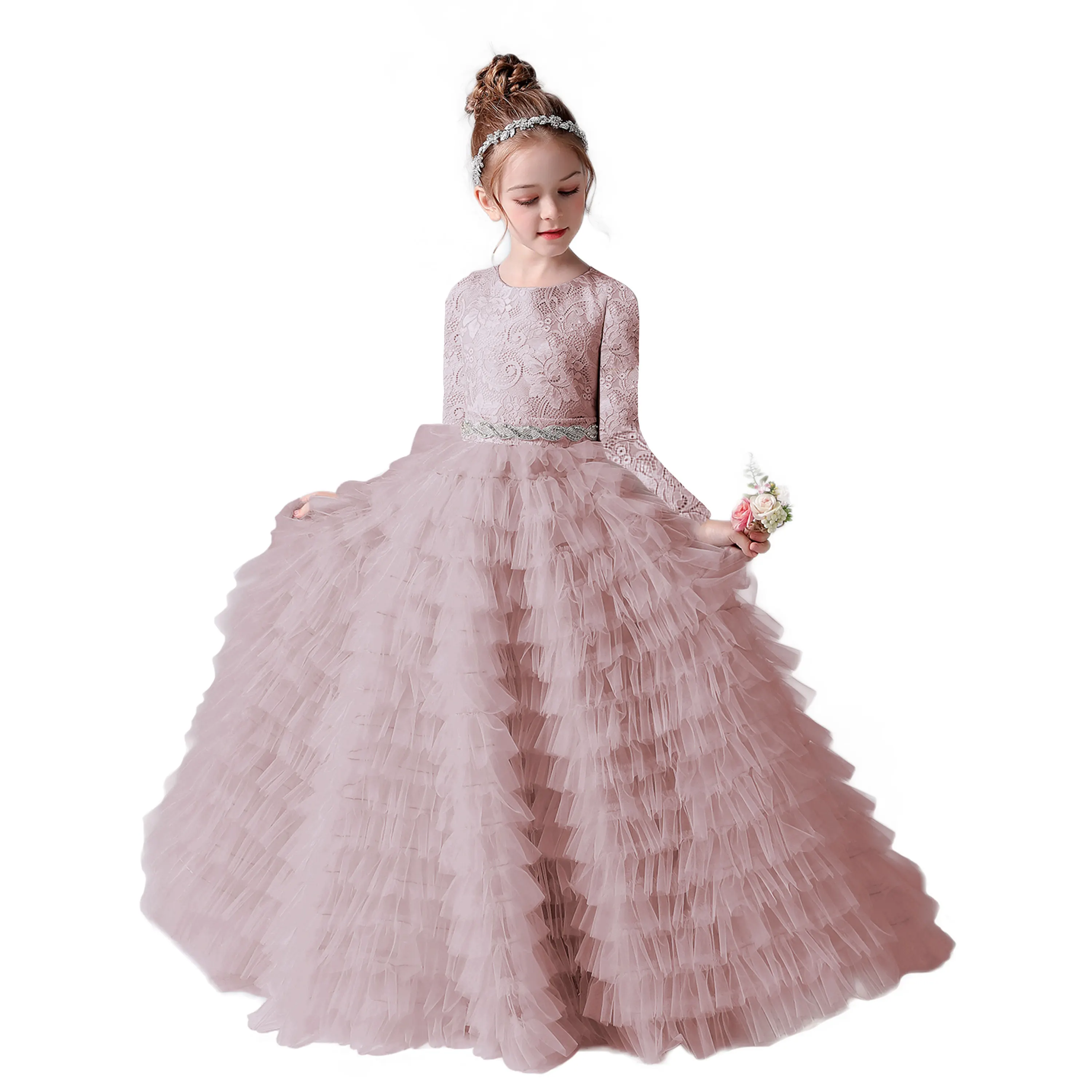 Dideyttawl Grey Long Sleeves Princess Dress For Girls 2024 Lace Tulle Junior Concert Gown For Banquet Formal Party Winter