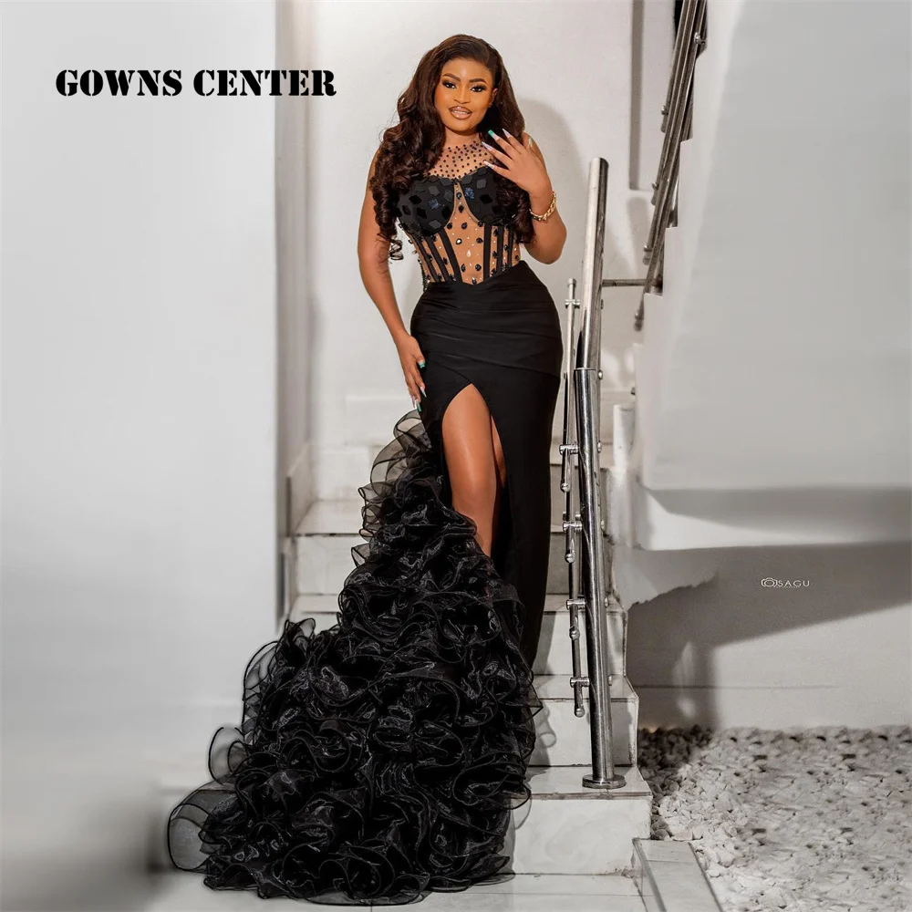 

2024 New Black Aso Ebi Prom Dresses with Big Ruffles Train Sexy Split Crystals African Formal Dress Black Women Evening Gowns