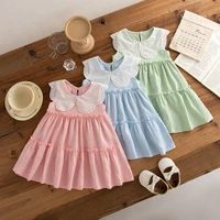Vêtements d'été en coton pour petites filles, couleur unie, sans manches, à revers, robes de plage mignonnes pour filles 1