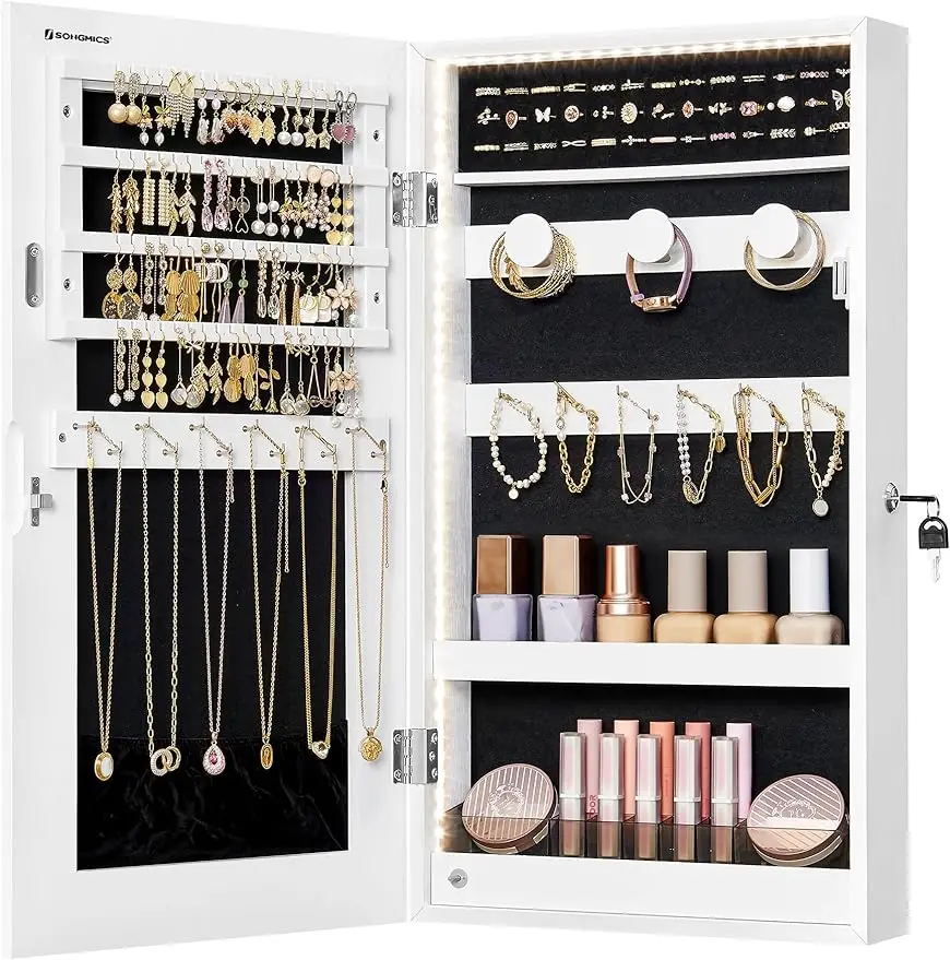 

Mirror Jewelry Cabinet Armoire with Built-in LED Lights, Wall or Door Mounted Jewelry Storage Organizer, 3.8 x 14.6 x 2