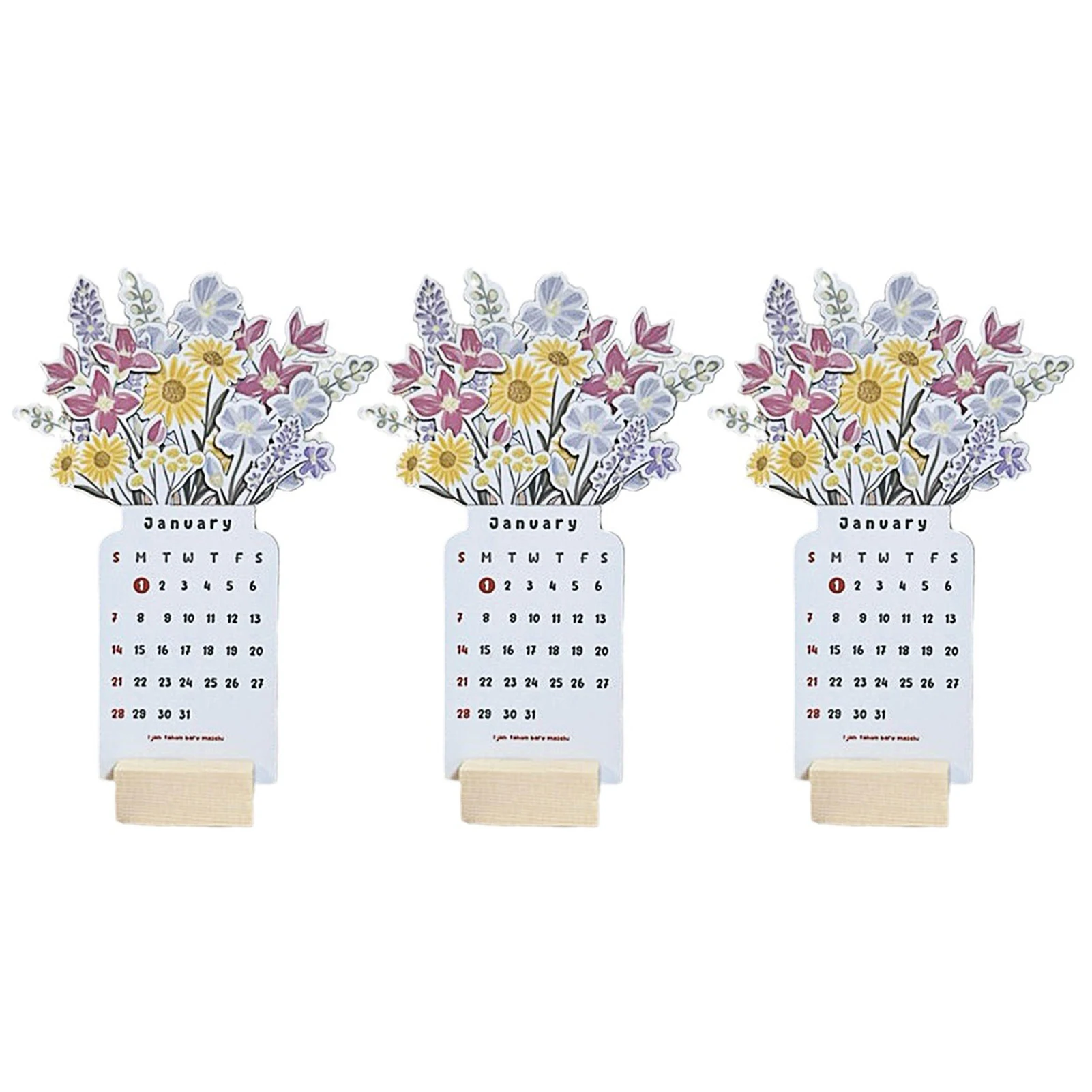 

3pcs Living Room Schedule Planner Desk Calendar Cute Monthly Bedroom Bloomy Flowers Home Christmas Exquisite Wooden Base Office
