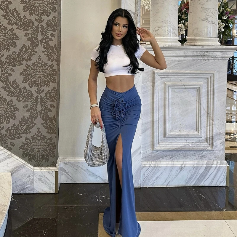 Women Fashion 3D Floral Slit A-Line Skirt Wrap Hip Sexy Slim High Waist Long Skirt Female Casual Floor-Length Drape Maxi Skirts