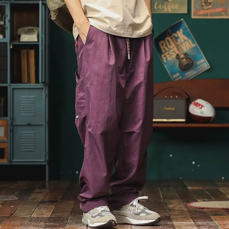 

Spring Autumn New Solid Color Elastic Waist Wide Leg Trousers Man High Street Casual Loose Pocket Patchwork Drawstring Y2K Pants