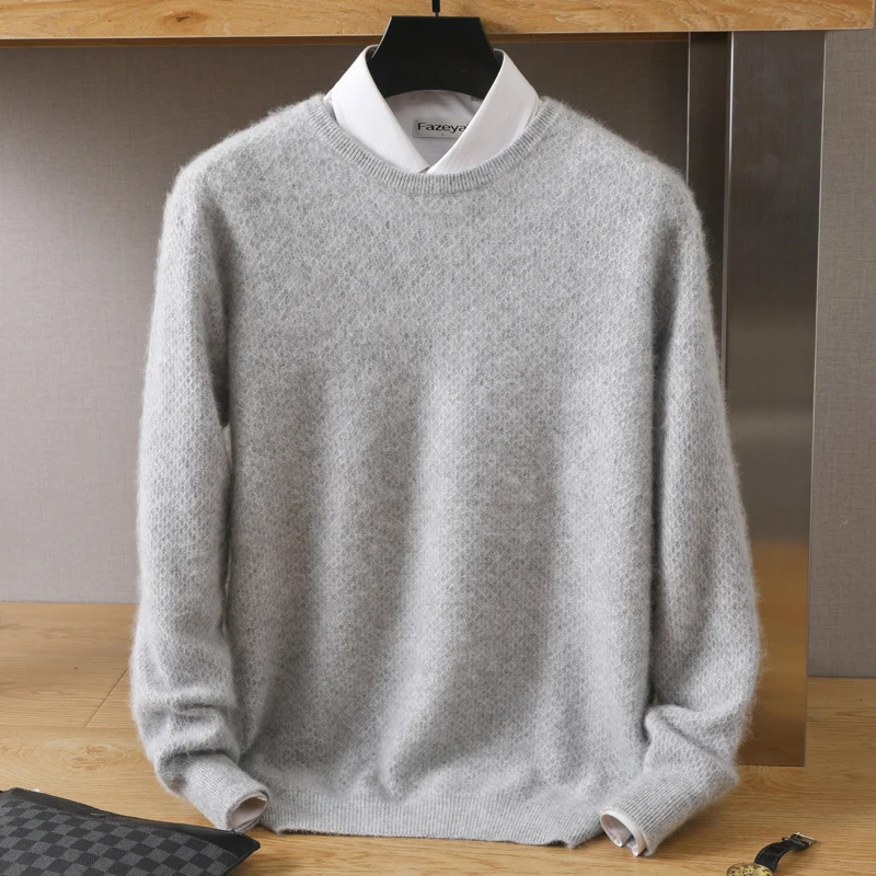 Men Round Neck Diamond Small Square Solid Color Knitted Mink Fleece Sweater Pullover Casual Autumn Winter New Fashion