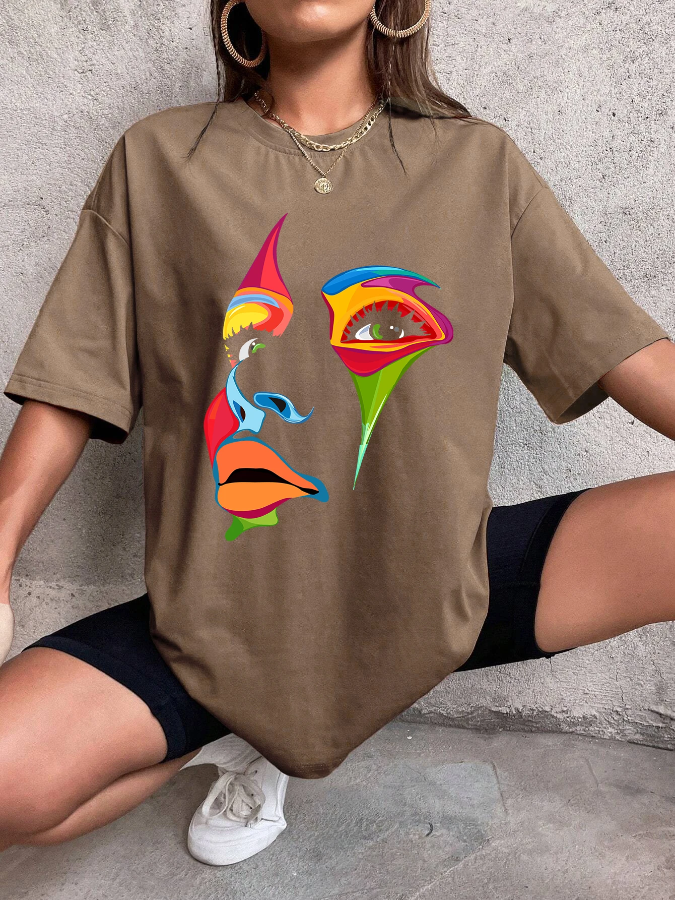 Painted Lady Face Personality Design Print T Shirt Female Street Comfortable T-Shirt Soft Casual Tops Breathable Short Sleeve