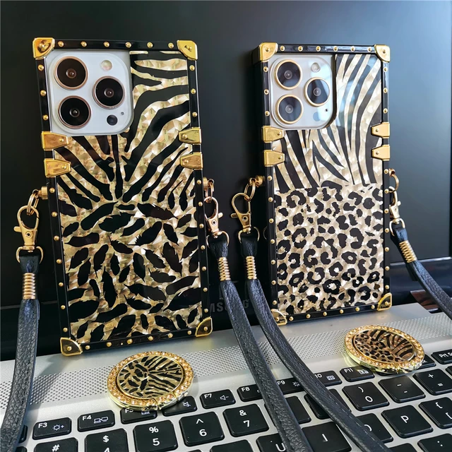 Glitter Bling Gold Leopard Square Case Cover For iPhone 13 Pro Max 12 11 XS  XR 8