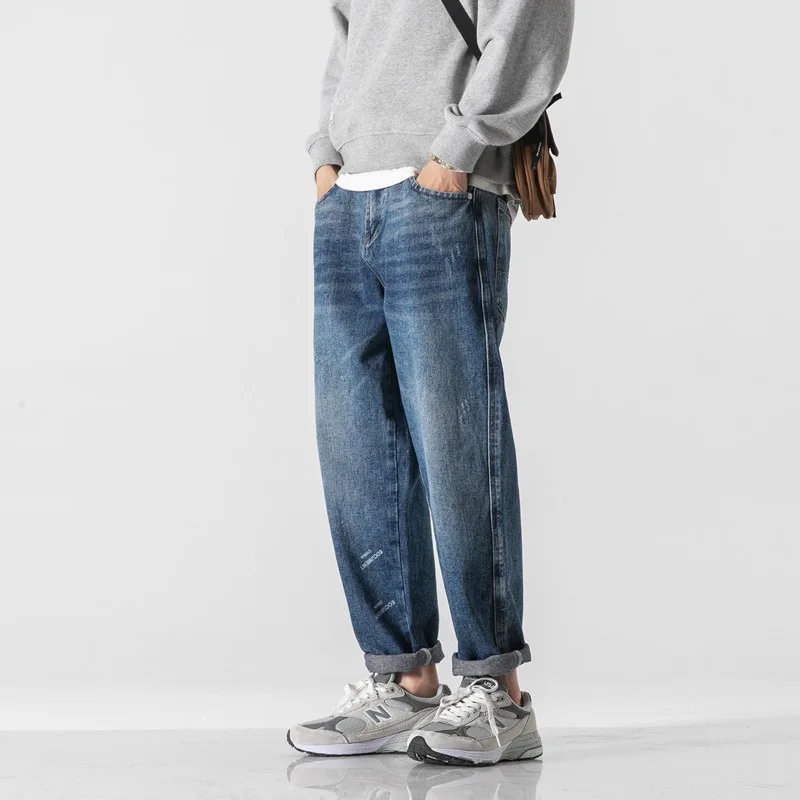 

Casual Blue Baggy Jeans Men Fashion Letter Printed Loose Straight Denim Pants