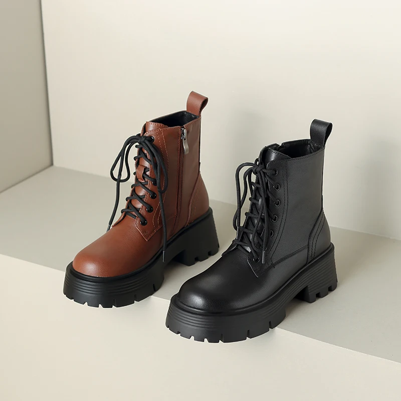 

2023 new autumn winter Women ankle boots natural leather 22-25cm cowhide modern boots side zip lace up thick heel platform boots