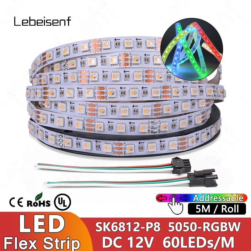 TOPXCDZ 5m LED-Streifen SK6812 RGBW 12V – 60 LEDs/m, Individuell Steuerbar, Wasserdicht IP67 (schwarzes PCB)