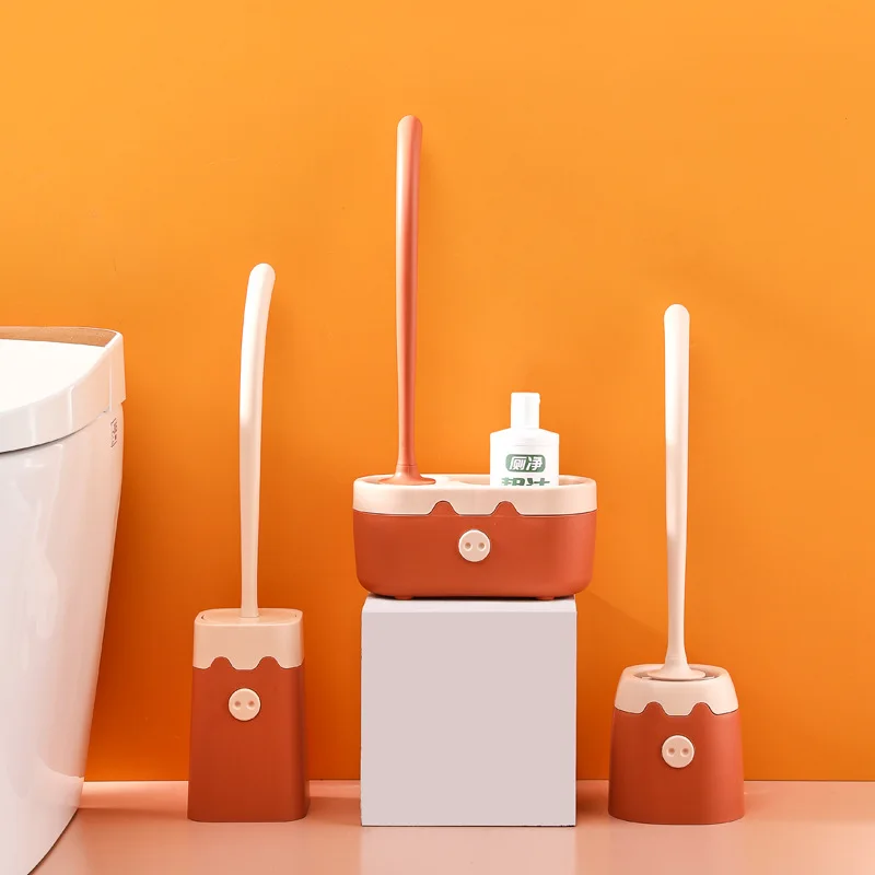 

Cute Pig Household Long Handle No Dead Corner Silicone Toilet Brush Bathroom with Base Can Stand Up To Wall-mounted Toilet Brush