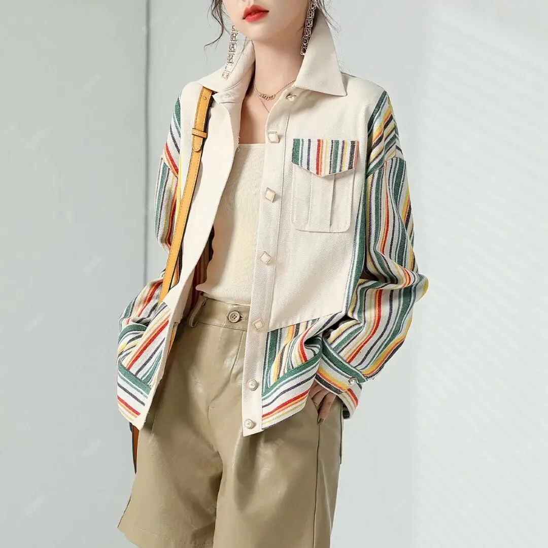 

Fdfklak Spring Summer New Fashion Simple Korean Slim High-end Temperament Contrast Stitching Coat WomanTurndown Collar Jacket