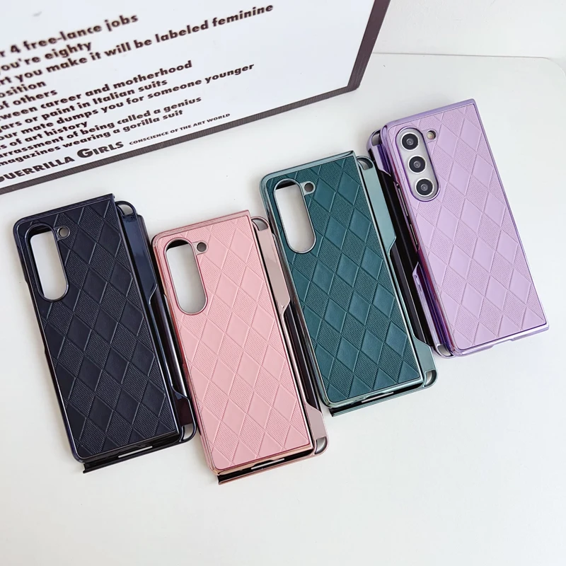 For Samsung Galaxy Z Fold 5 4 Case Rhombic Pattern Leather + Electroplated Frame with Stylus Pen Folding Cover for Z Fold5