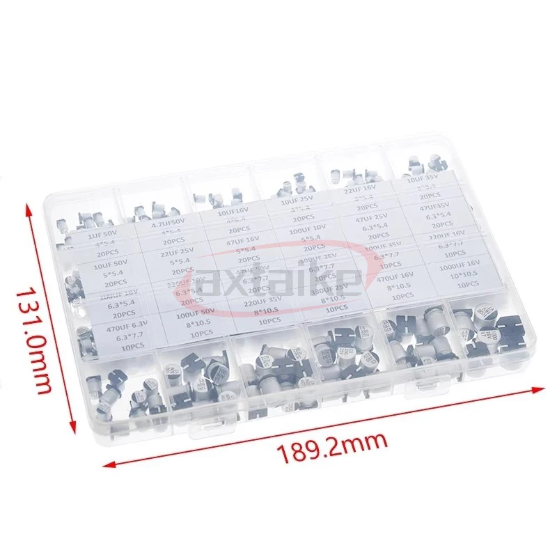 Kit Assortito 400 Condensatori Elettrolitici SMD In Alluminio – 24 Valori Da 1uF A 1000uF, 6.3V-50V – Scatola Organizer Per Progetti Fai-da-te Elettronici