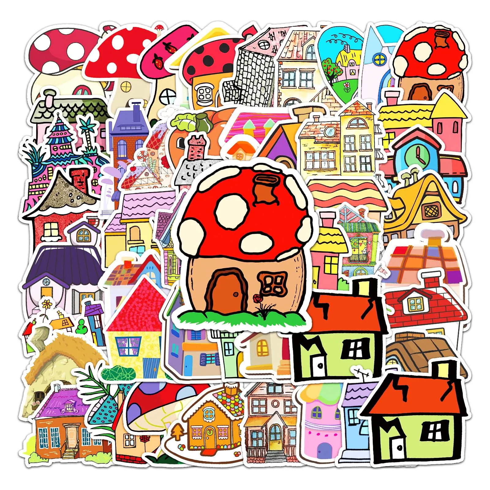 50Pcs House series Cartoon Cute Waterproof Sticker Skateboarding Snowboard Retro Vinyl Sticker