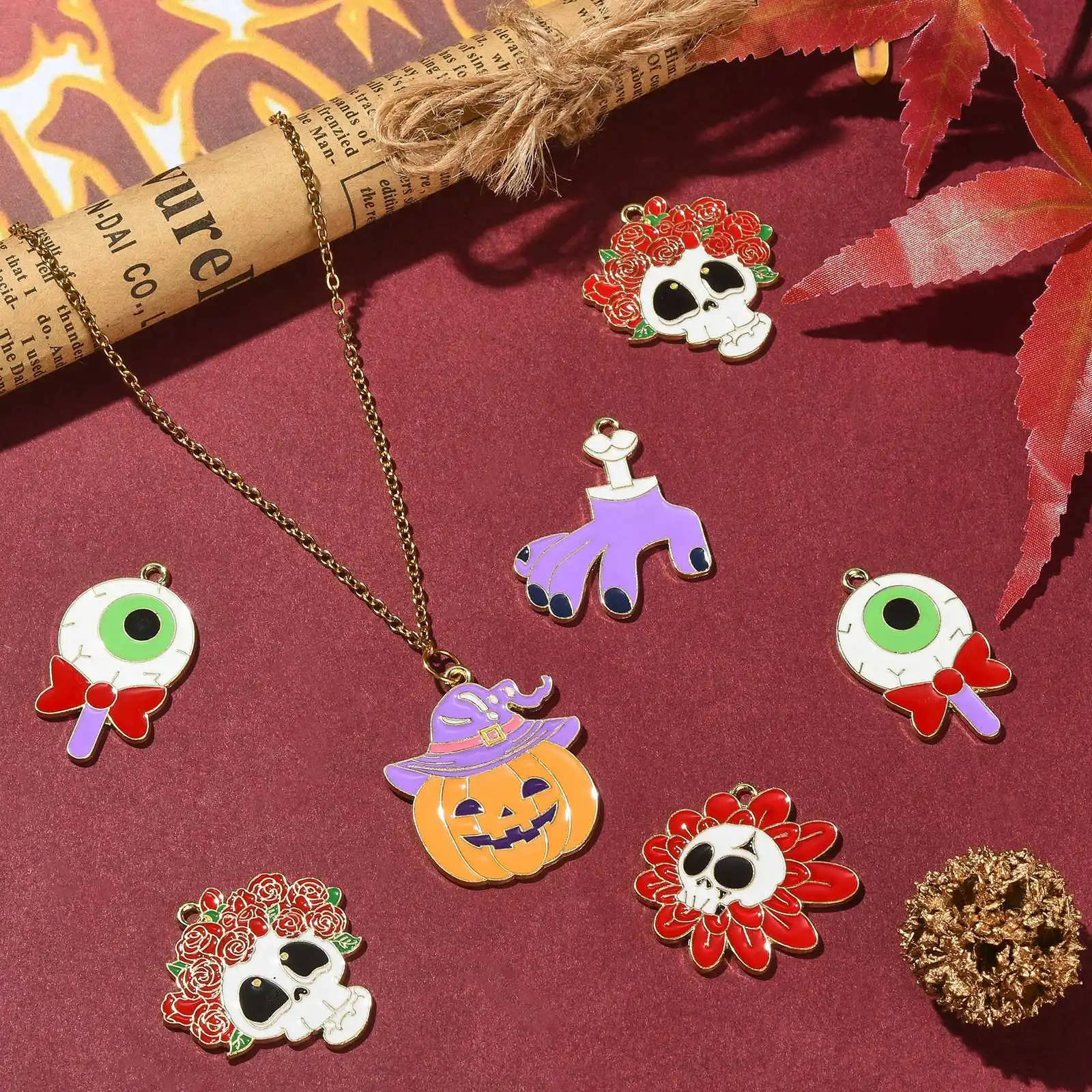 PandaHall 30Pcs 5 Styles Enamel Halloween Skull Charms Colorful Skull Pumpkin Charms Dangle Charms for Halloween Jewelry Making
