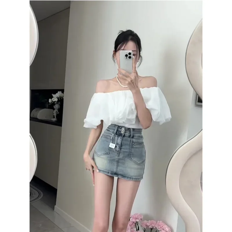 여성 오프숄더 프릴 엣지 미니 원피스, 슬림해 보이는 데님, 세트 오프숄더 상의, 섹시 디자인, 2024 여름 신상