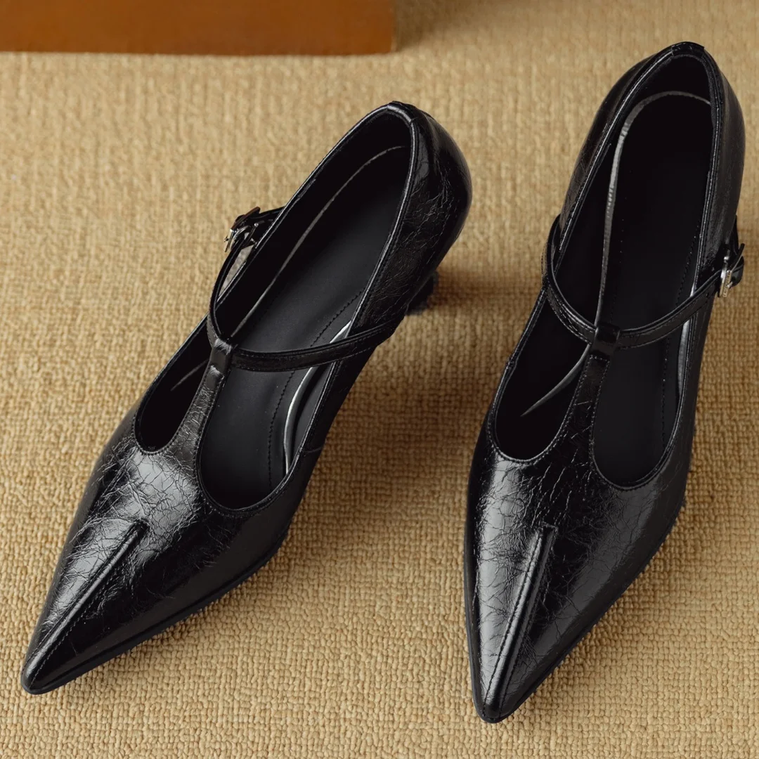 Women's genuine leather pointed toe metal buckle slip-on t-strap pumps elegant ladies 7.5cm thin high heeled daily dress shoes - view